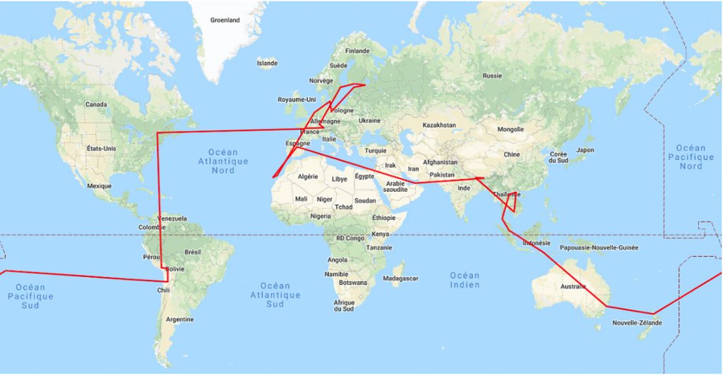 Carte de mon tour du monde d'un an dans mon tour du monde d'un an dans notre article Mon tour du monde d’un an à 50 ans : le voyage d’une vie #tdm #tourdumonde #voyage #voyageunan #senior