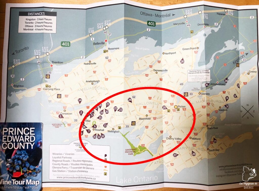 Carte des différents attraits de Prince Edward County dans notre article Prince Edward County en Ontario : Mon séjour dans le Comté du Prince-Édouard #ontario #princeedwardcounty #canada