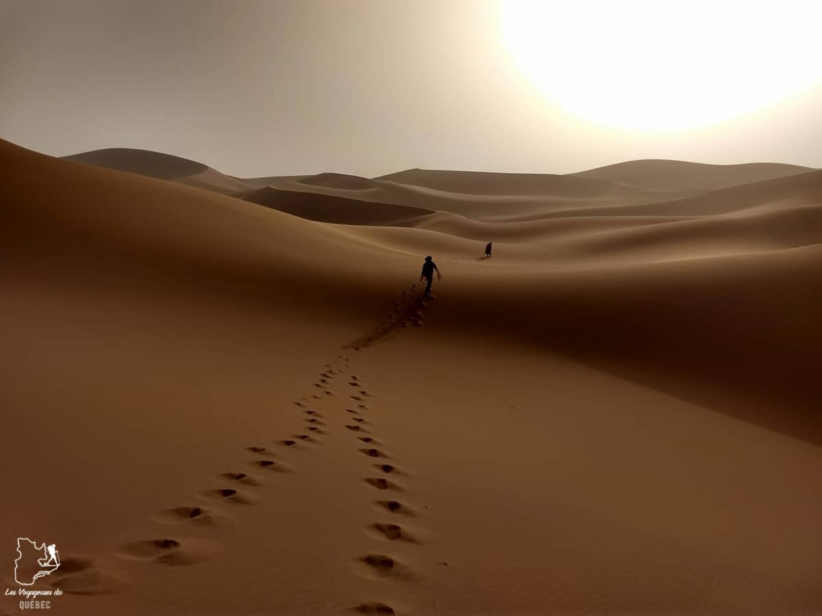 Coucher de soleil lors d'une randonnée dans le Sahara au Maroc dans notre article Trek dans le désert du Maroc : Ma randonnée de 5 jours dans le désert du Sahara #desert #maroc #sahara #randonnee #trek #voyage