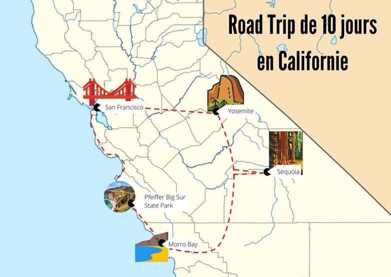 Carte itinéraire road trip de 10 jours en Californie dans notre article 10 jours de road trip en Californie en mode nature: plages, montagnes et séquoias géants #californie #usa #ouestamericain #etatsunis #voyage #roadtrip