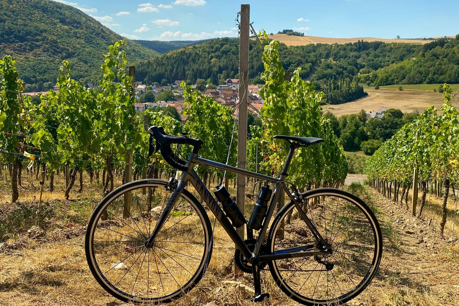 Vélo devant un vignoble dans notre article 5 beaux endroits où faire du vélo au Québec #quebec #velo #pistecyclable